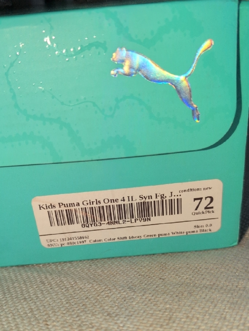 PUMA ONE 4 Syn FG JR Soccer Shoes, Youth Kids Size 5.5 US, Silver, Green 1732 - Picture 5 of 6